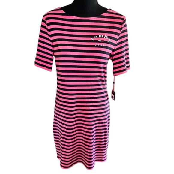 Tommy Jeans Pink and Navy Striped T-Shirt Dress Scoop Back | Size Large - Picture 1 of 6